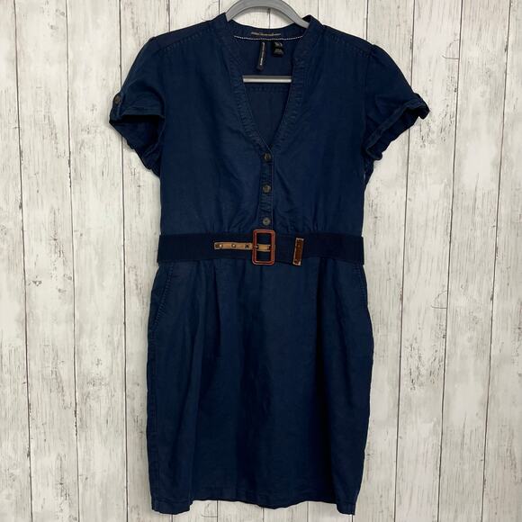 Mango Linen Navy Blue Short Sleeve V Neck Belted Knee Length Preppy Money Dress - Picture 1 of 11